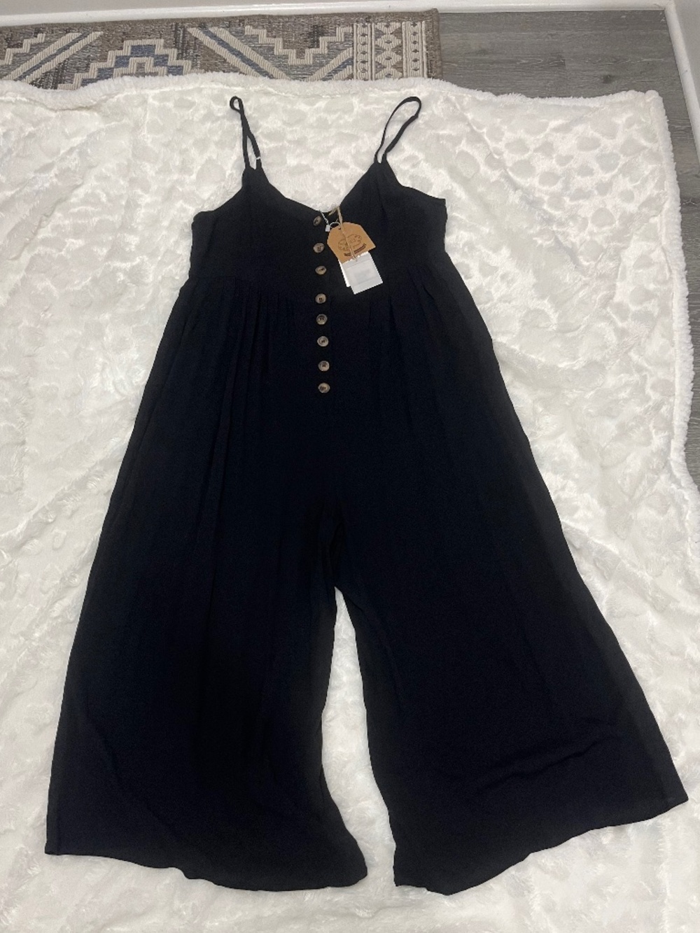 Kori spaghetti strap, black button down jumpsuit, gaucho style size L  NWT